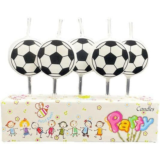 Set Lumanari de Tort, Model Mingi de Fotbal, Decoratiuni Aniversare Tematice, Parafina, 3.5 cm, Alb/Negru, 5 Bucati