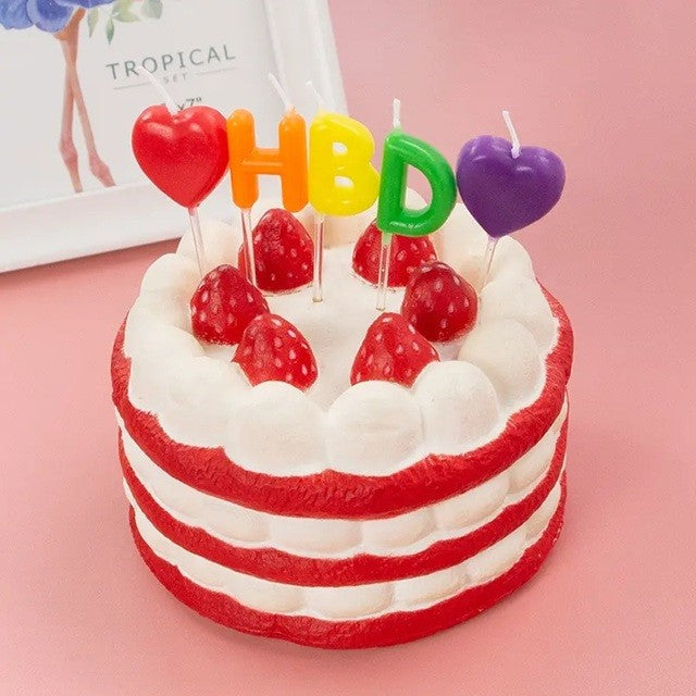 Set Lumânări de Tort, Model Inimi Inscripționate HBD Happy Birthday, Parafină, Multicolor, 1.8 x 2.7 cm, 5 Bucăți