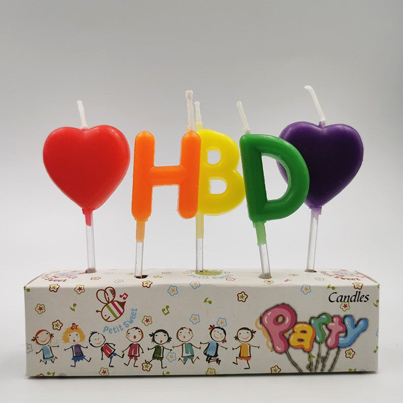 Set Lumânări de Tort, Model Inimi Inscripționate HBD Happy Birthday, Parafină, Multicolor, 1.8 x 2.7 cm, 5 Bucăți