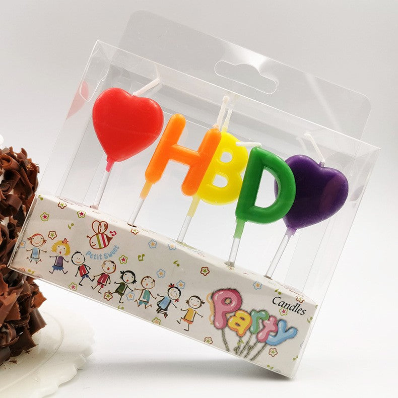 Set Lumânări de Tort, Model Inimi Inscripționate HBD Happy Birthday, Parafină, Multicolor, 1.8 x 2.7 cm, 5 Bucăți