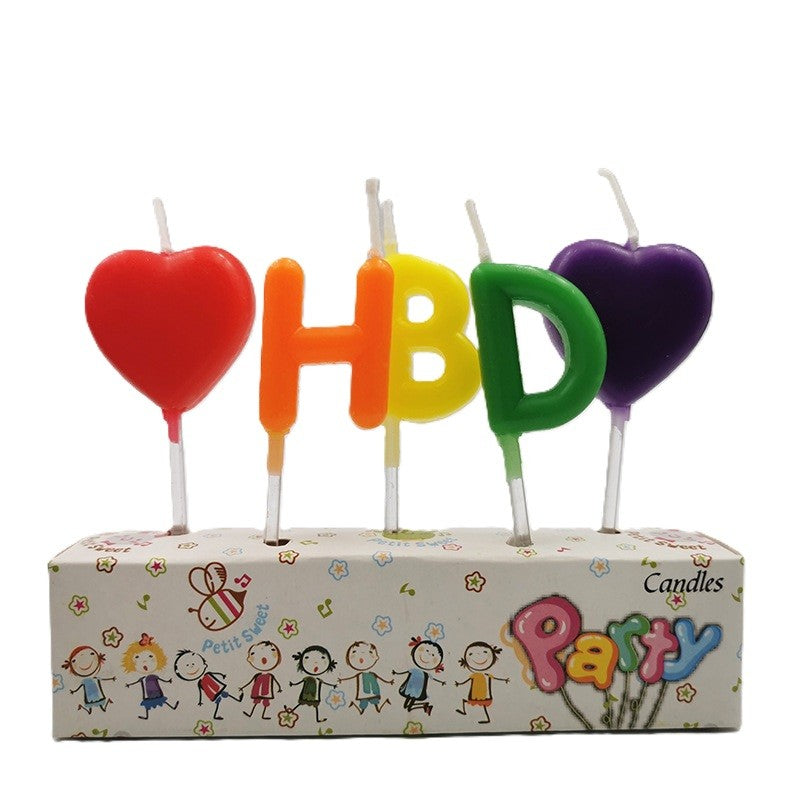 Set Lumânări de Tort, Model Inimi Inscripționate HBD Happy Birthday, Parafină, Multicolor, 1.8 x 2.7 cm, 5 Bucăți