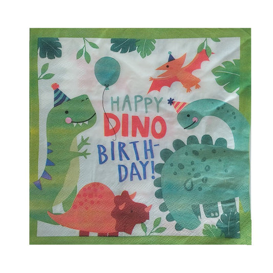 Servetele de Masa Happy Birthday, Model Dinozauri Dino Party, Tematica Aniversare Copii, Hartie Absorbanta, 33x33 cm, Verde, Set 20 Bucati