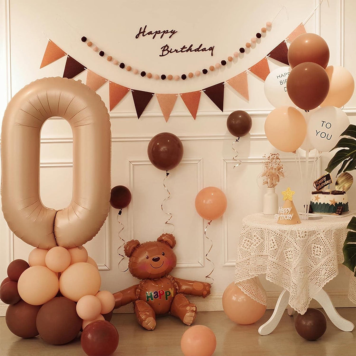 Balon Aniversar Cifra 0, Folie Metalizata, Umflare Aer sau Heliu, Include Pai, 100 cm, Crem