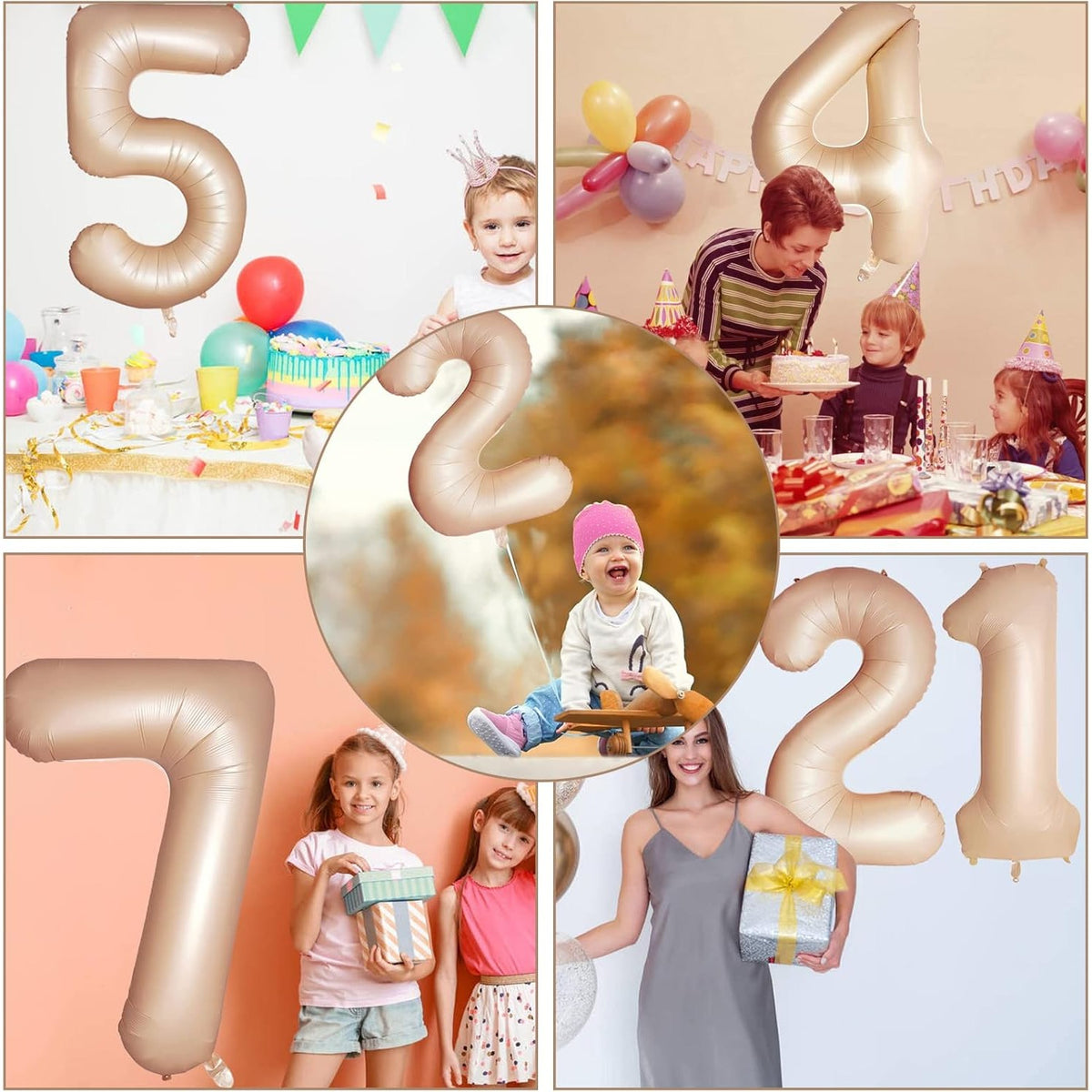 Balon Aniversar Cifra 2, Figurina Gigant din Folie Metalizata, Umflare Aer sau Heliu, Include Pai, 100 cm, Crem
