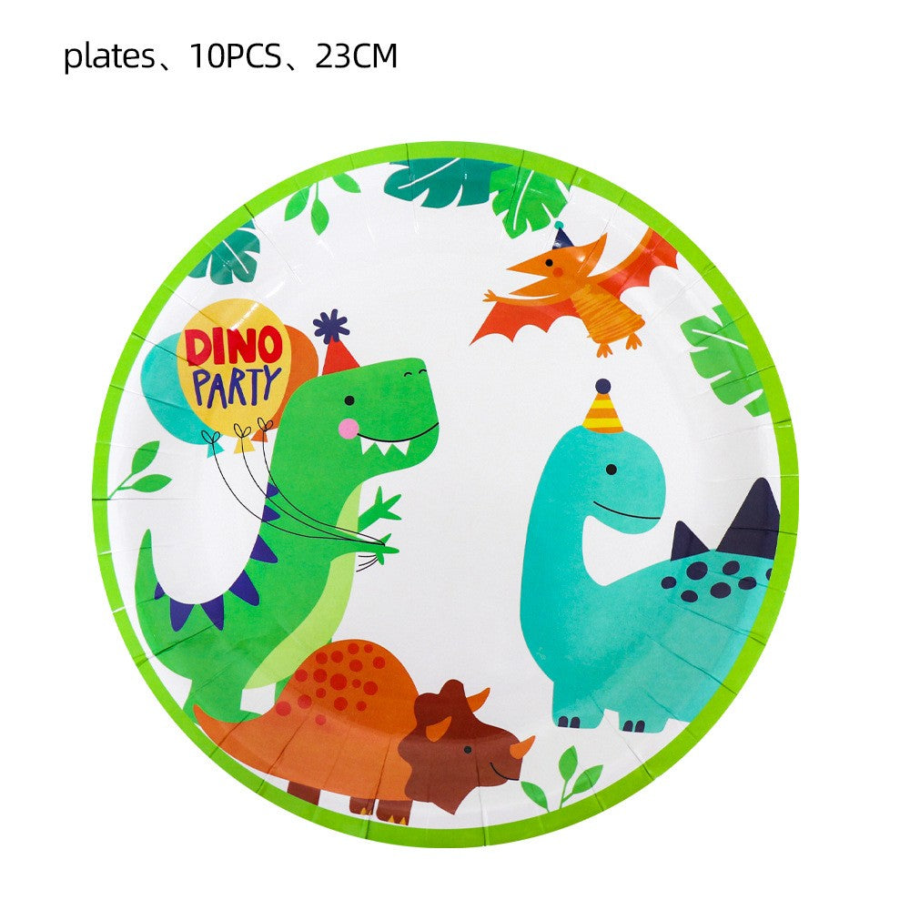 Set 10 Farfurii Carton Happy Birthday, Farfurii Decorative Petrecere Copii, Tematica Dino Party, Model Dinozauri Multicolor, 23 cm