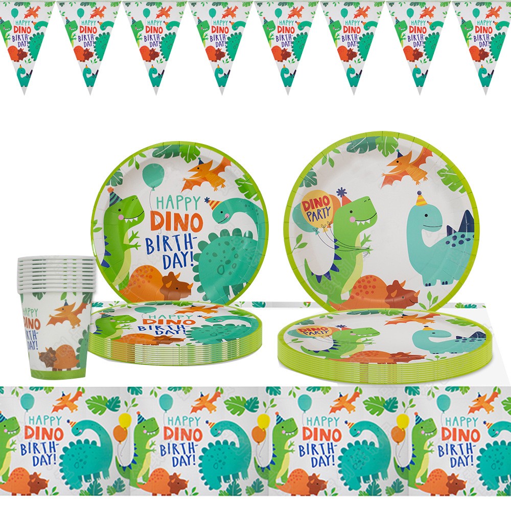 Set 10 Farfurii Carton Happy Birthday, Farfurii Decorative Petrecere Copii, Tematica Dino Party, Model Dinozauri Multicolor, 23 cm