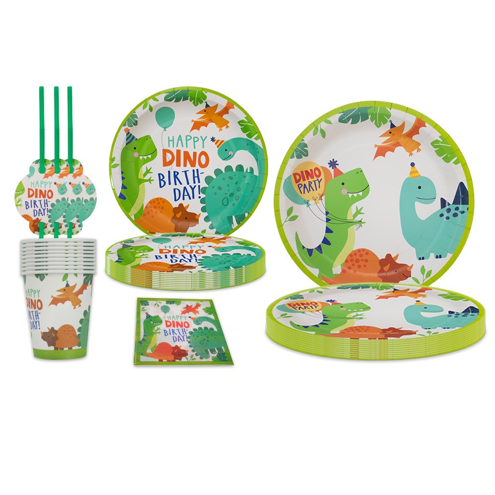 Set 10 Farfurii Carton Happy Birthday, Farfurii Decorative Petrecere Copii, Tematica Dino Party, Model Dinozauri Multicolor, 23 cm