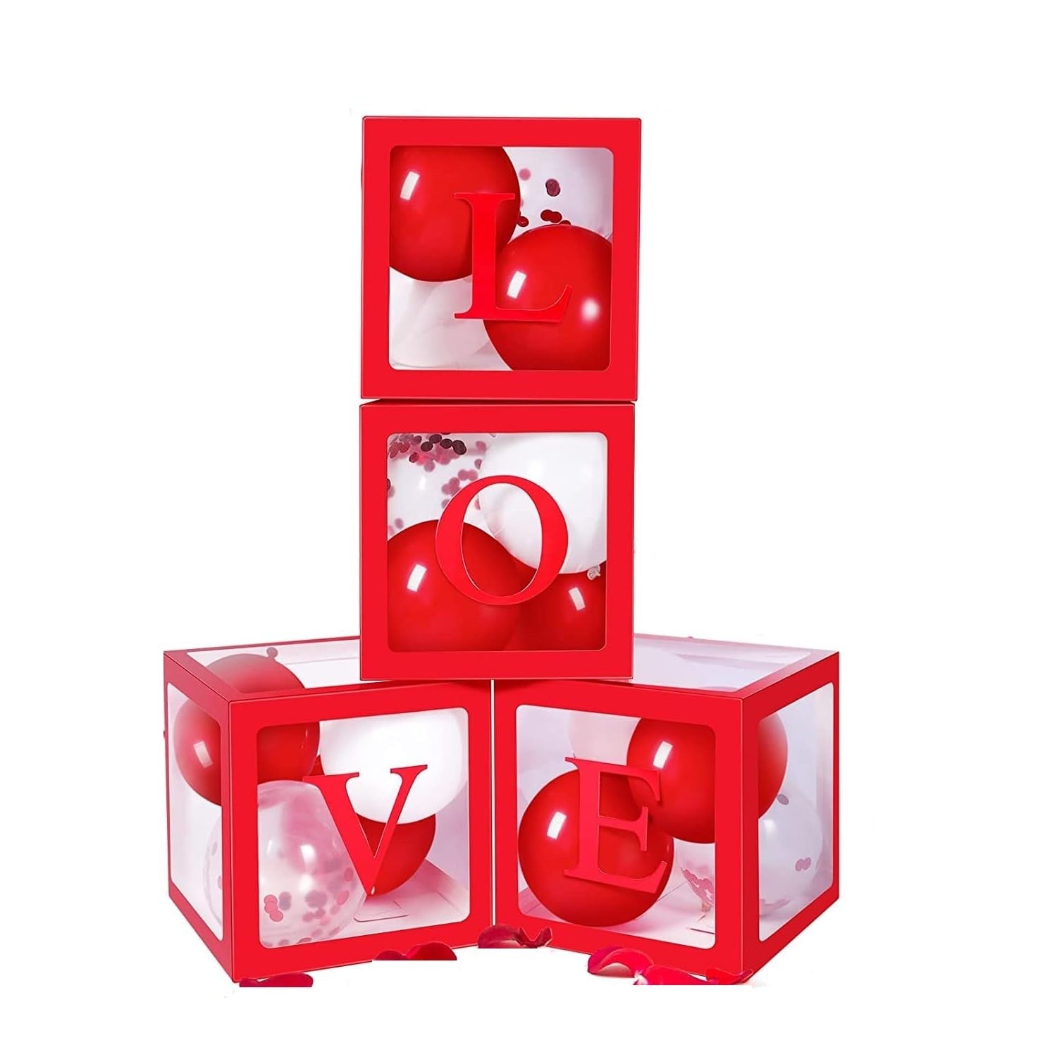 Set 4 Cutii pentru Baloane, Cuburi Decorative Love, Accesorii Petrecere și Nuntă, Plastic și Carton, 30x30 cm, Transparente cu Contur Roșu