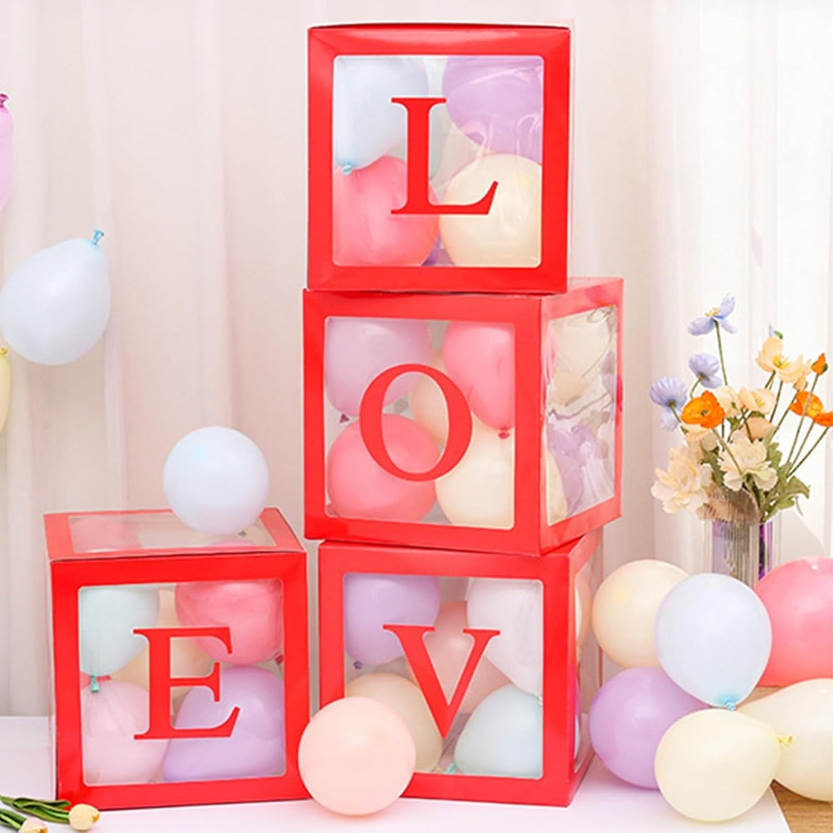 Set 4 Cutii pentru Baloane, Cuburi Decorative Love, Accesorii Petrecere și Nuntă, Plastic și Carton, 30x30 cm, Transparente cu Contur Roșu