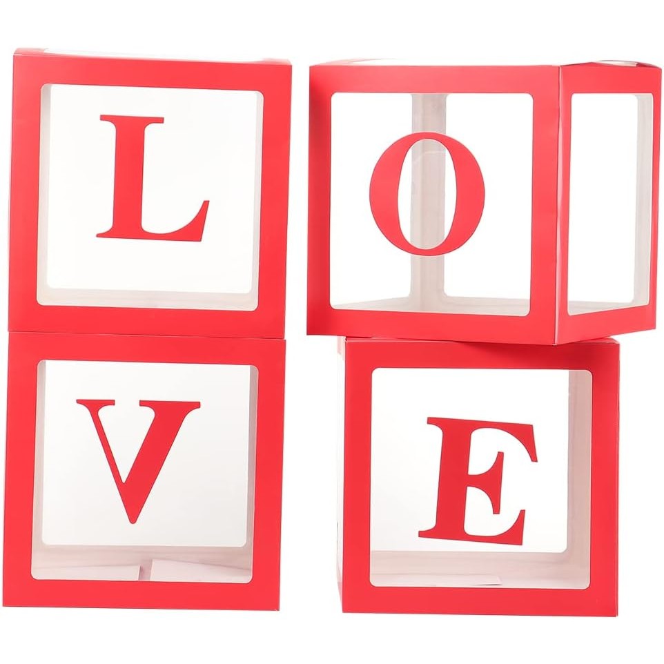 Set 4 Cutii pentru Baloane, Cuburi Decorative Love, Accesorii Petrecere și Nuntă, Plastic și Carton, 30x30 cm, Transparente cu Contur Roșu