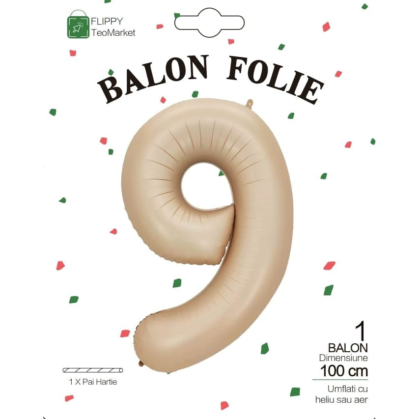Balon Aniversar Cifra 9, Figurina din Folie Metalizata, Umflare Aer sau Heliu, Include Pai, Inaltime 100 cm, Crem