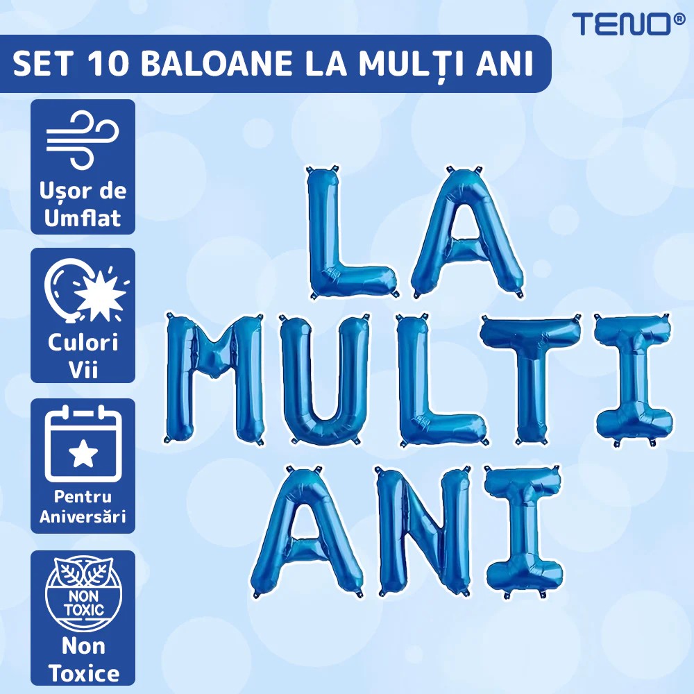 Set 10 Baloane Litere La Multi Ani, Figurine din Folie Metalizata pentru Aniversare, Umflare Aer sau Heliu, Include Pai, 40 cm, Albastru