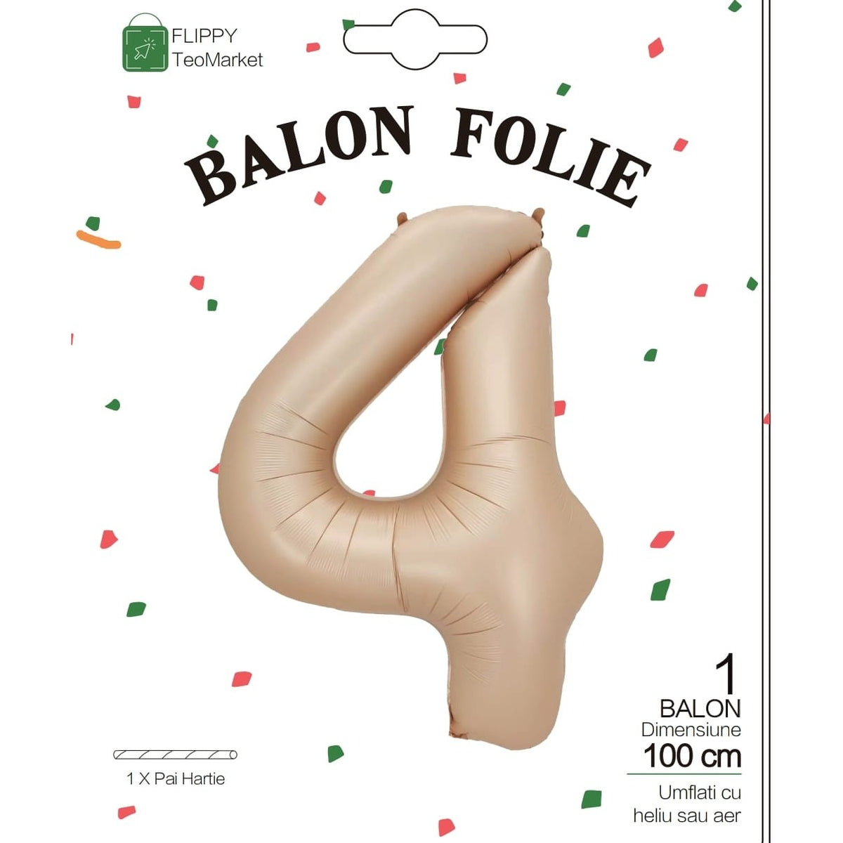 Balon Aniversar Cifra 4, Figurina din Folie de Aluminiu, Umflare Aer sau Heliu, include Pai, 100 cm, Crem