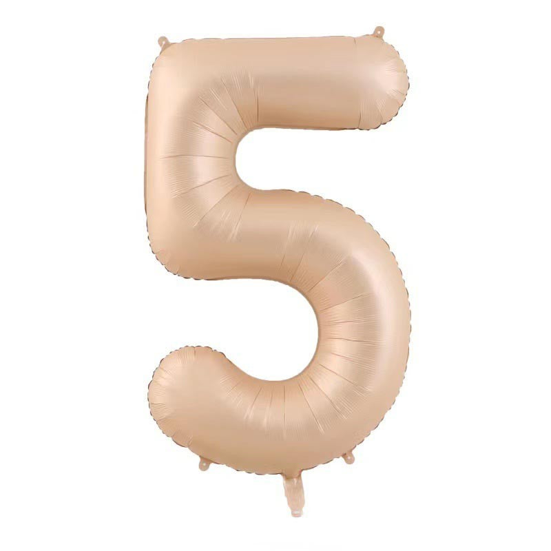 Balon Figurina Cifra 5, Balon Aniversar din Folie Metalizata, Umflare Aer sau Heliu, Inaltime 100 cm, Pai Inclus, Crem