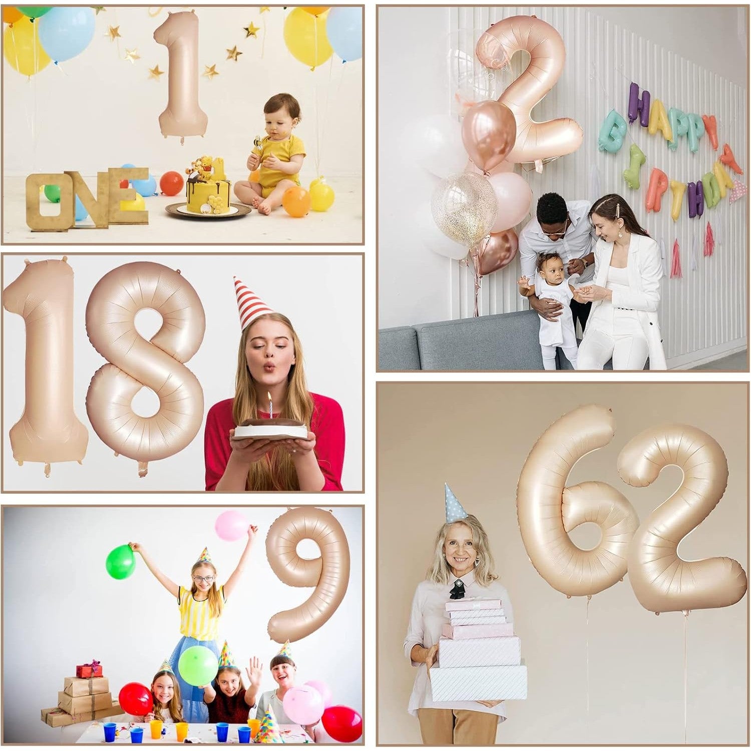 Balon Figurina Cifra 5, Balon Aniversar din Folie Metalizata, Umflare Aer sau Heliu, Inaltime 100 cm, Pai Inclus, Crem