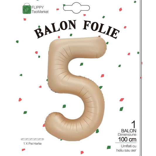 Balon Figurina Cifra 5, Balon Aniversar din Folie Metalizata, Umflare Aer sau Heliu, Inaltime 100 cm, Pai Inclus, Crem