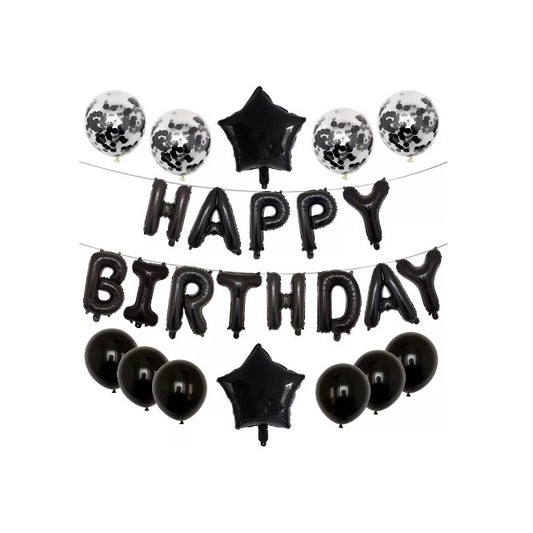 Set 25 Baloane Aniversare Happy Birthday, Kit Decor Petrecere cu Litere, Stele si Confetti, Folie Aluminiu si Latex, Umflare Aer sau Heliu, 40 cm, Negru