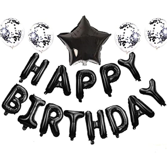 Set 25 Baloane Aniversare Happy Birthday, Kit Decor Petrecere cu Litere, Stele si Confetti, Folie Aluminiu si Latex, Umflare Aer sau Heliu, 40 cm, Negru