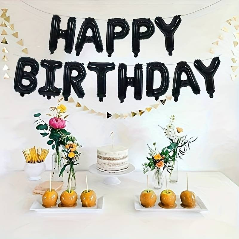 Set 25 Baloane Aniversare Happy Birthday, Kit Decor Petrecere cu Litere, Stele si Confetti, Folie Aluminiu si Latex, Umflare Aer sau Heliu, 40 cm, Negru