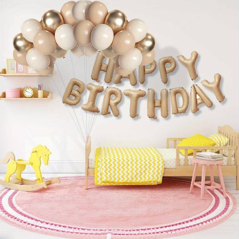 Set 25 Baloane Aniversare Happy Birthday, Kit Decor Petrecere cu Litere, Figurine Stele si Confetti, Folie Metalizata si Latex, 40 cm, Bej