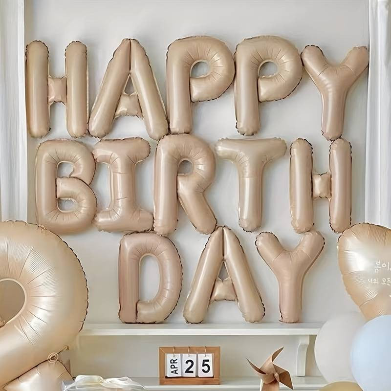 Set 25 Baloane Aniversare Happy Birthday, Kit Decor Petrecere cu Litere, Figurine Stele si Confetti, Folie Metalizata si Latex, 40 cm, Bej