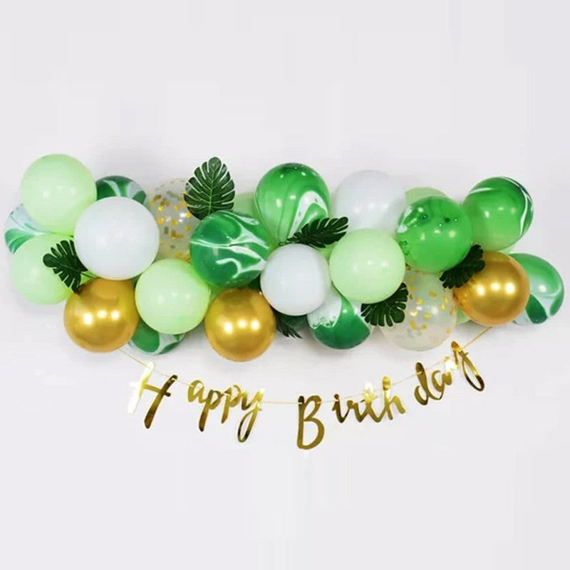 Set Decoratiuni Aniversare Happy Birthday, Baloane din Latex si Banner, Model Elegant, 37 Piese, Verde, Auriu, Alb