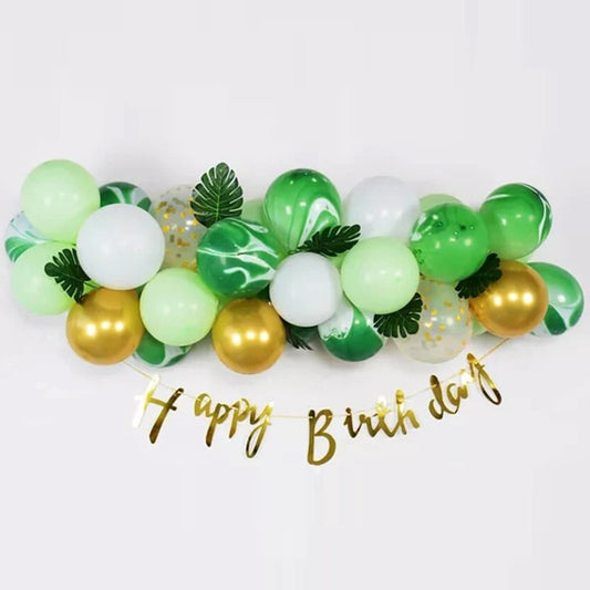 Set Decoratiuni Aniversare Happy Birthday, Baloane din Latex si Banner, Model Elegant, 37 Piese, Verde, Auriu, Alb