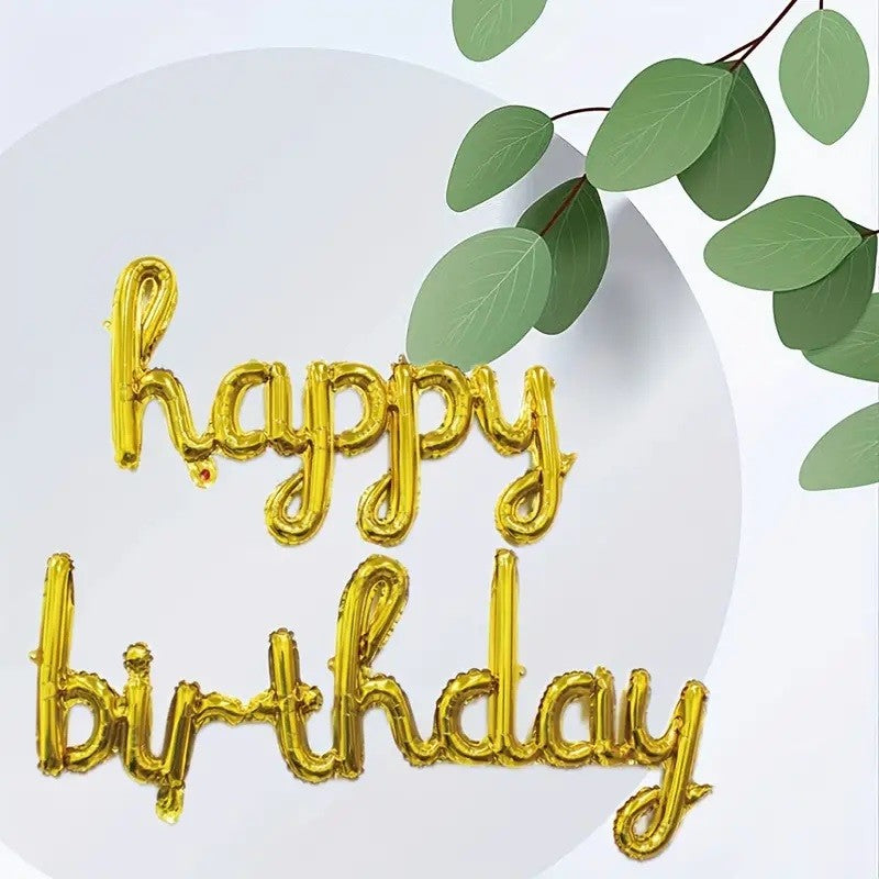 Set 13 Baloane Happy Birthday din Folie Metalizata, Litere Cursive Scrise de Mana, Decoratiuni Petrecere Aniversara, Umflare Aer sau Heliu, Inclus Pai, 40 cm, Auriu