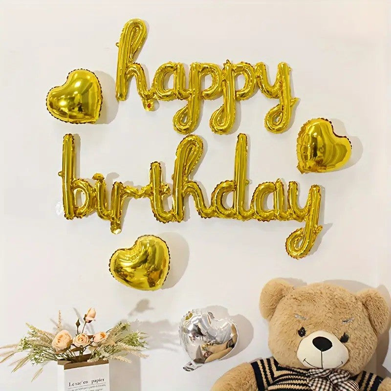 Set 13 Baloane Happy Birthday din Folie Metalizata, Litere Cursive Scrise de Mana, Decoratiuni Petrecere Aniversara, Umflare Aer sau Heliu, Inclus Pai, 40 cm, Auriu