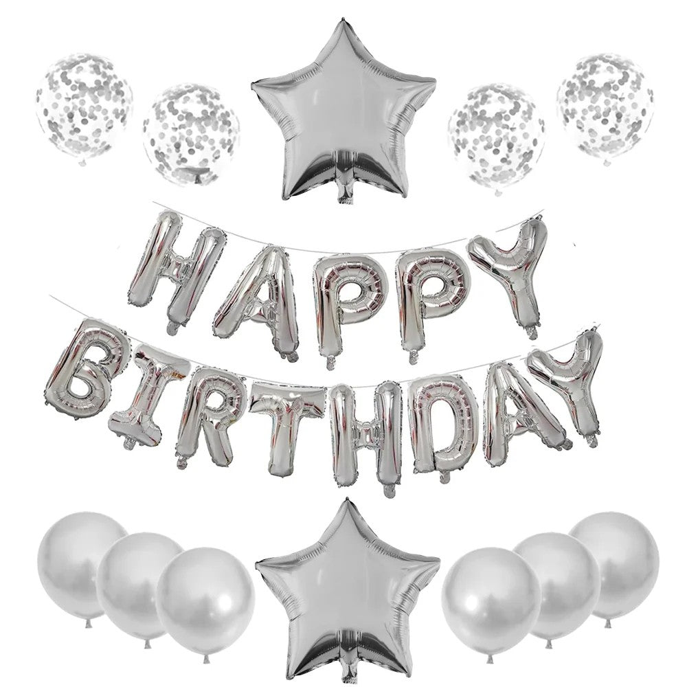Set 25 Baloane Aniversare Happy Birthday, Kit Decor Petrecere cu Folie Metalizata si Latex, 13 Litere, 2 Stele, 4 Baloane Confetti, Umflare Aer sau Heliu, 40 cm, Argintiu