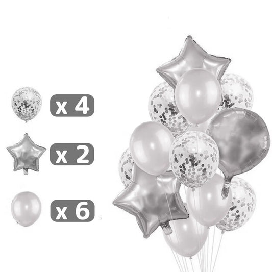 Set 25 Baloane Aniversare Happy Birthday, Kit Decor Petrecere cu Folie Metalizata si Latex, 13 Litere, 2 Stele, 4 Baloane Confetti, Umflare Aer sau Heliu, 40 cm, Argintiu