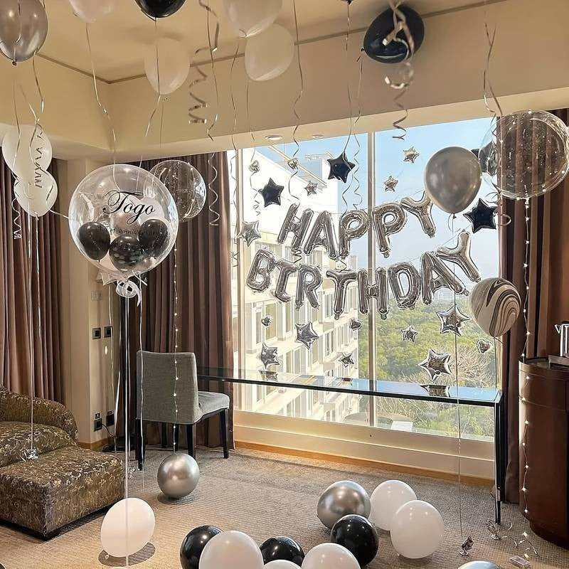Set 25 Baloane Aniversare Happy Birthday, Kit Decor Petrecere cu Folie Metalizata si Latex, 13 Litere, 2 Stele, 4 Baloane Confetti, Umflare Aer sau Heliu, 40 cm, Argintiu