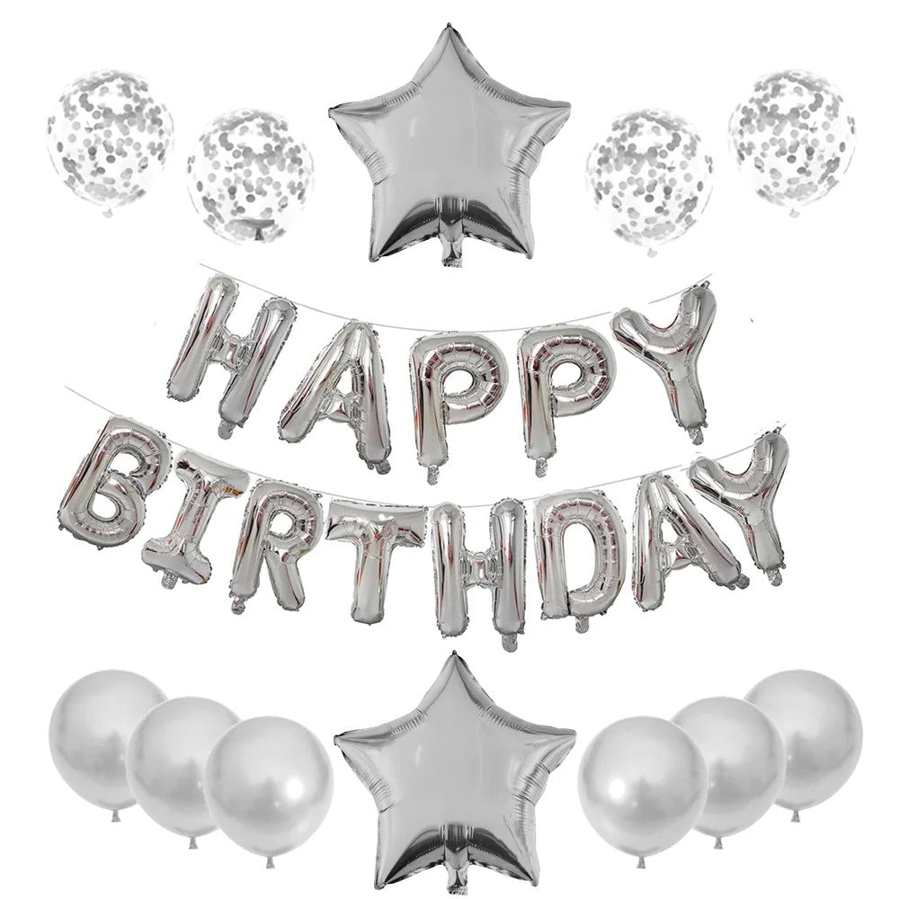 Set 25 Baloane Aniversare Happy Birthday, Kit Decor Petrecere cu Folie Metalizata si Latex, 13 Litere, 2 Stele, 4 Baloane Confetti, Umflare Aer sau Heliu, 40 cm, Argintiu