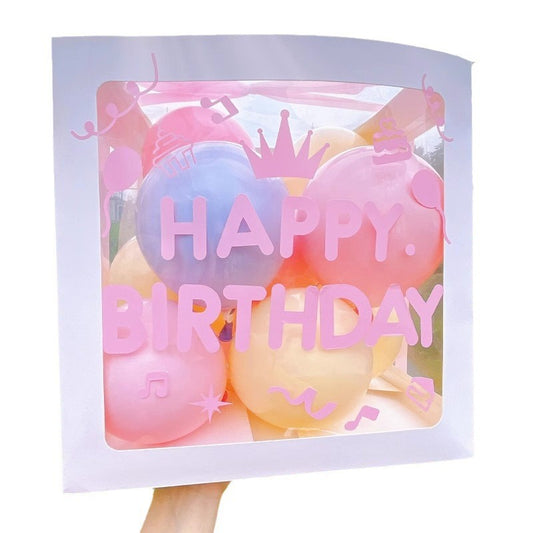 Cutie pentru Baloane Tematica Happy Birthday, Decoratiune Aniversare cu Ferestre Transparente, Carton si Plastic, Include Baloane Multicolore si Panglica, Alb, 30x30 cm