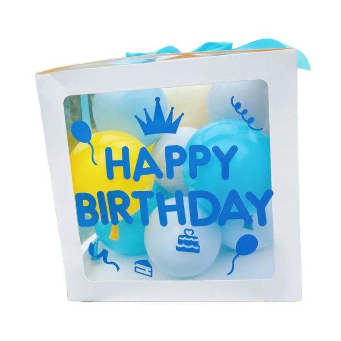 Cutie Pentru Baloane Happy Birthday, Decoratiuni Petrecere Aniversara, Pereti Transparenti si Contur Alb, Include Baloane si Panglica, Albastru/Galben/Alb, 30x30 cm