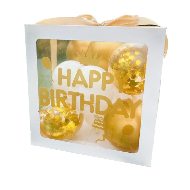 Cutie Pentru Baloane, Decoratiune Tematica Happy Birthday, Cub Transparent cu Margini Albe, Include Baloane Aurii, Albe si Panglica, 30x30 cm
