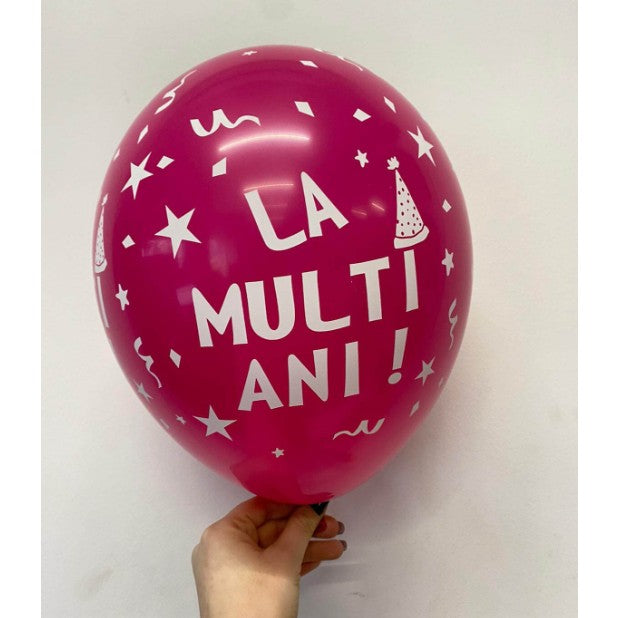 Set 10 Baloane din Latex La Multi Ani, Model Party, Compatibile Aer sau Heliu, Material Biodegradabil, 23 cm, Roz, 2.2 g
