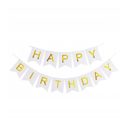 Banner Happy Birthday, Ghirlanda Aniversara pentru Decor Petrecere, Material Rezistent, Stegulet 11.5x16.5 cm, Rola Ata Inclusa, Alb, 100x200 cm