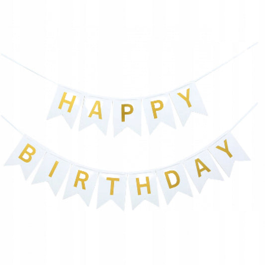 Banner Happy Birthday, Ghirlanda Aniversara pentru Decor Petrecere, Material Rezistent, Stegulet 11.5x16.5 cm, Rola Ata Inclusa, Alb, 100x200 cm