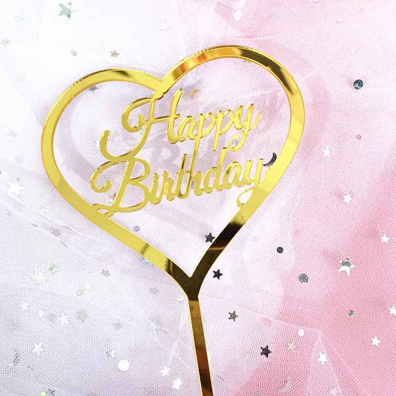 Topper Tort Happy Birthday, Decoratiune Aniversara Model Inima, Accesoriu Petrecere Elegant, Plastic Rezistent, Auriu