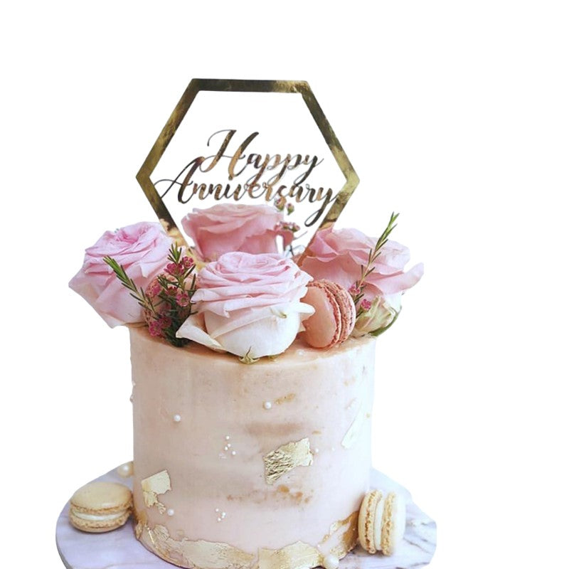 Topper Tort Happy Birthday, Decoratiune Aniversara Model Hexagon, Accesoriu Party din Plastic Durabil, Auriu