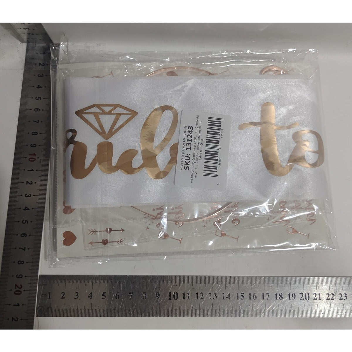 Set de Accesorii pentru Mireasă, Voal cu Coroniță și Panglică Bride To Be, Tatuaje Temporare, Satin și Tulle, Marime Universală, Alb-Roz, 4 Piese