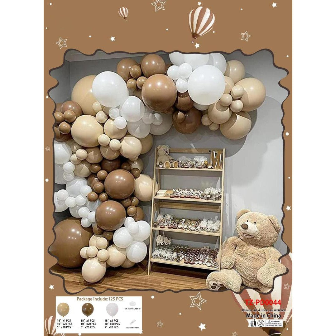 Set 125 Baloane din Latex pentru Arcada, Kit Decoratiuni Petrecere cu Accesorii de Montare, Dimensiuni Mixte 12 cm, 25 cm si 45 cm, Maro, Alb, Bej