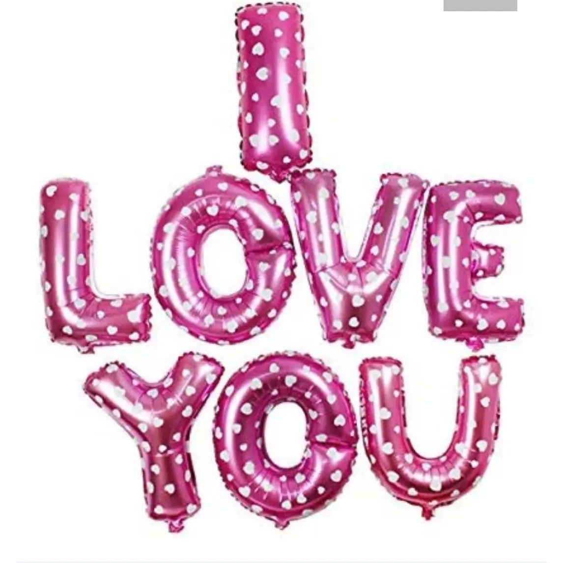 Set 8 Baloane Figurine Litere I Love You, Decoratiuni Ziua Indragostitilor, Folie Metalizata, Umflare Aer sau Heliu, 40 cm, Roz cu Inimioare Albe
