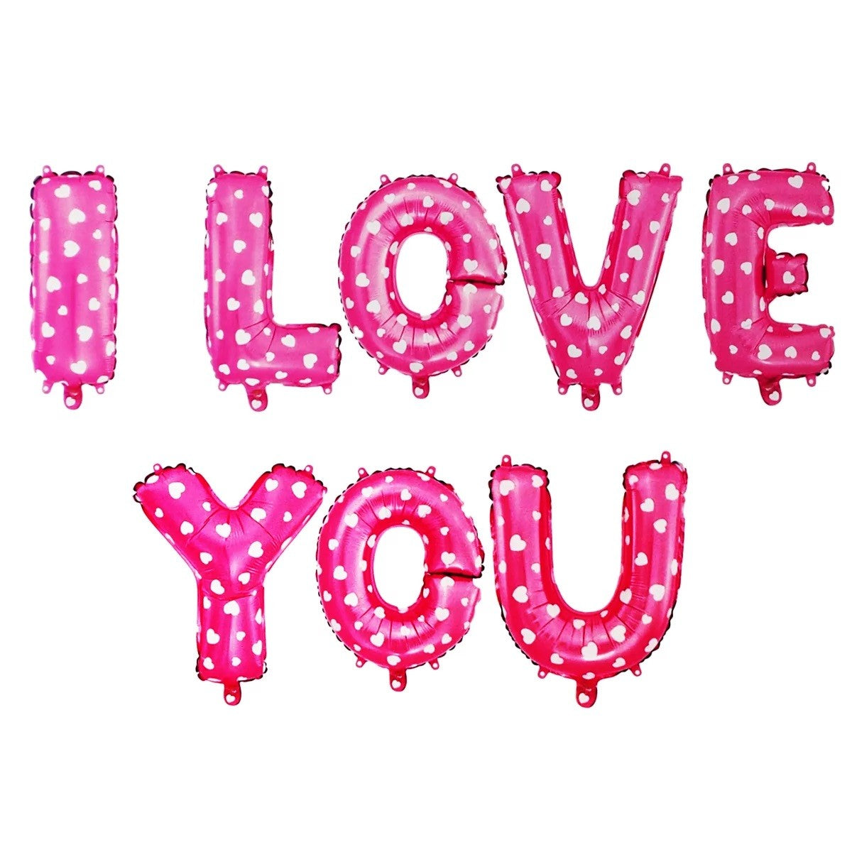 Set 8 Baloane Figurine Litere I Love You, Decoratiuni Ziua Indragostitilor, Folie Metalizata, Umflare Aer sau Heliu, 40 cm, Roz cu Inimioare Albe