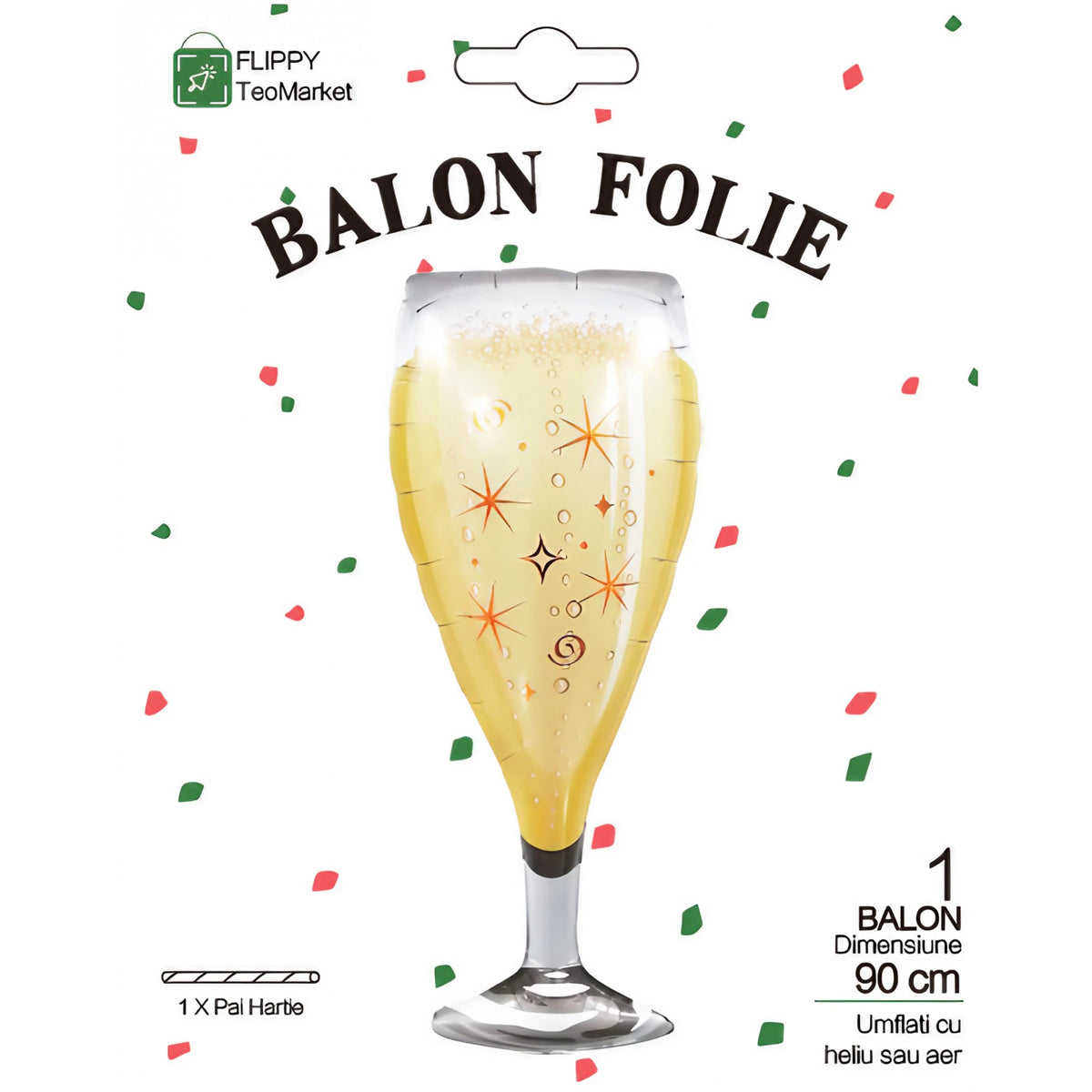 Balon din Folie Metalizata, Figurina Pahar de Sampanie, Decoratiune Petrecere si Aniversare, Umflare Aer sau Heliu, Pai Inclus, 100x40 cm, Auriu