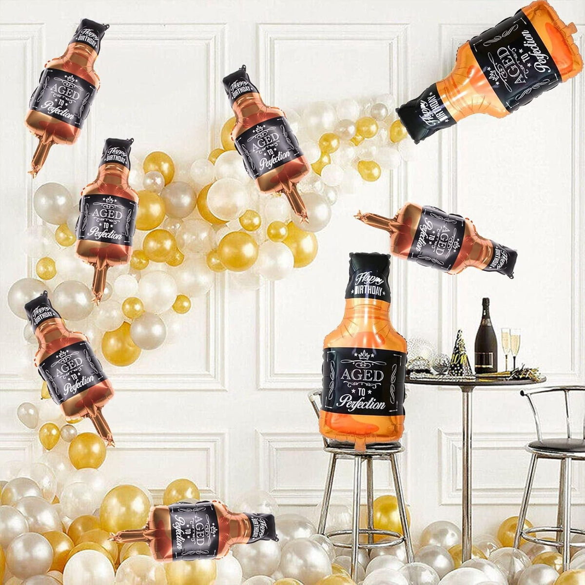 Balon din Folie Metalizata, Figurina Sticla de Whisky, Decor Petrecere Aniversare, Umflare Aer sau Heliu, Pai Inclus, 90x45 cm, Maro