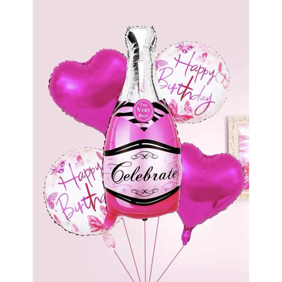 Set 5 Baloane din Folie Metalizata, Figurina Sticla de Sampanie, Model Inimi si Aniversare, Potrivite pentru Aer sau Heliu, include Pai Umflare, Fucsia, 5 Bucati
