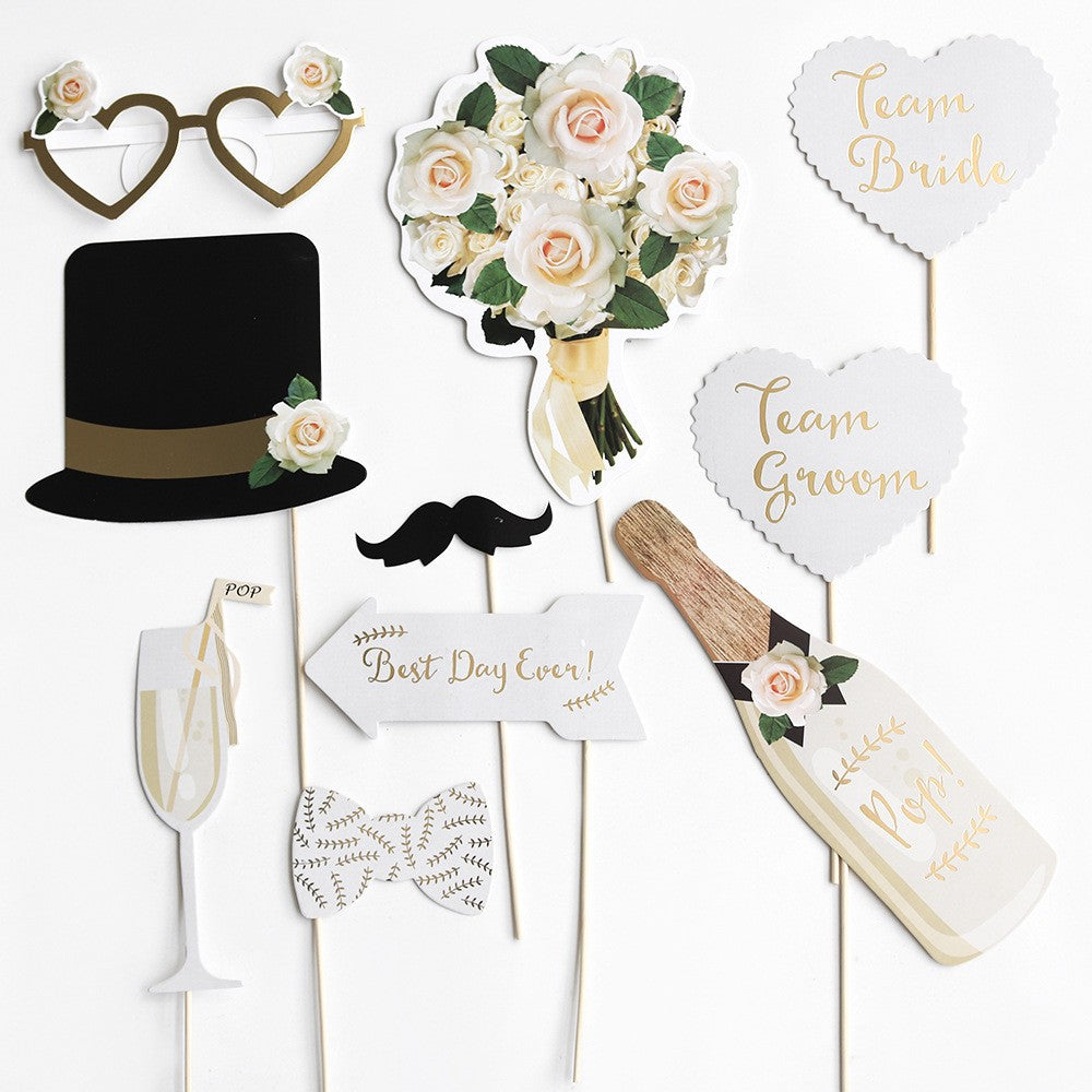 Set 10 Accesorii Foto Props Nunta, Sabloane Tematice pentru Photo Booth, Model Mire si Mireasa, Carton si Lemn, Multicolor, 10 Bucati
