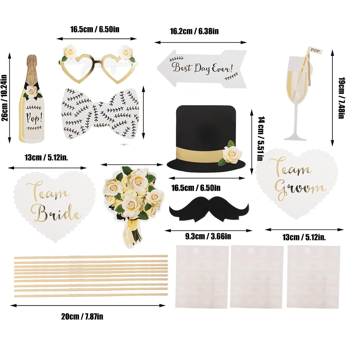 Set 10 Accesorii Foto Props Nunta, Sabloane Tematice pentru Photo Booth, Model Mire si Mireasa, Carton si Lemn, Multicolor, 10 Bucati